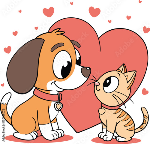 Cartoon puppy and kitten, large red heart, Valentine's Day theme 