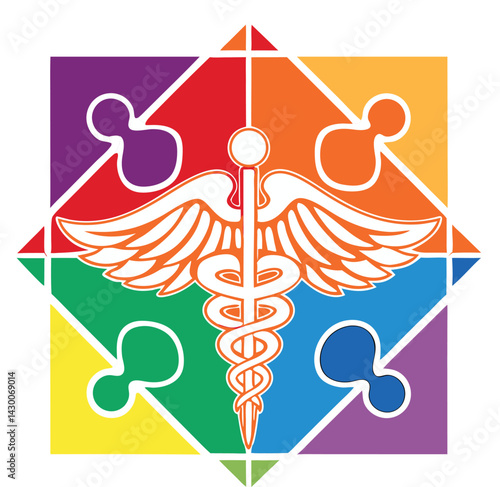 Colorful puzzle pieces caduceus symbol medical vector illustration