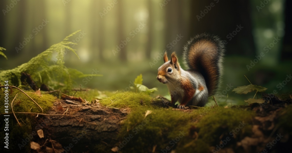 Obraz premium A squirrel in a mysterious forest , natural shading, photorealistic, natural lighting, hyperrealistic, depth of field, photography, Cinematic