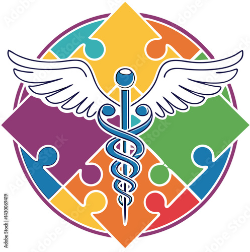 Colorful puzzle pieces caduceus symbol medical vector illustration