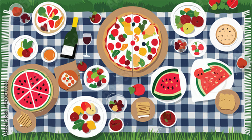  Top View of Colorful Picnic Food Spread on a Checkered Blanket in a Park Setting Flat Vector Illustration.