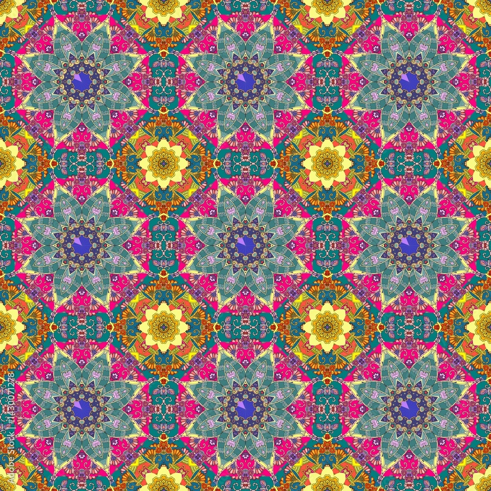 Seamless ethnic pattern with green and yellow mandalas flowers on multicolor lace background. Seamless ethnic pattern with green and yellow mandalas flowers on multicolor lace background.