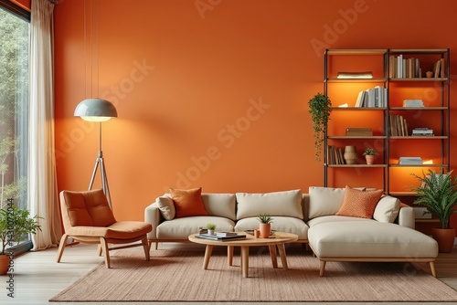 Interior Design Of A Cozy Living Room With Orange Walls And Modern Furniture