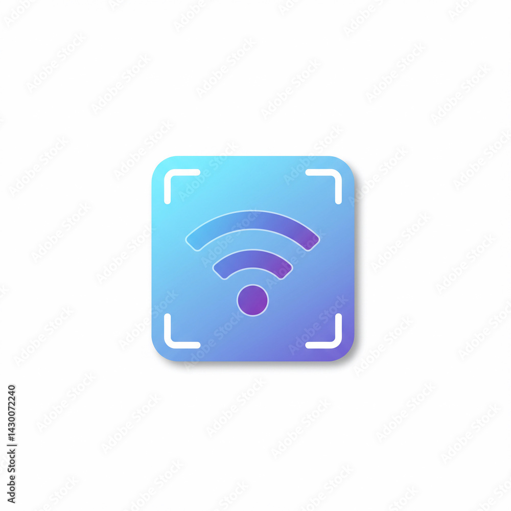 Colorful Wi-Fi signal icon (gradient from light blue to deep purple) inside a sky-blue scanning frame, white background, sleek flat design, no text Colorful Wi-Fi signal icon (gradient from light blue to deep purple) inside a sky-blue scanning frame, white background, sleek flat design, no text
