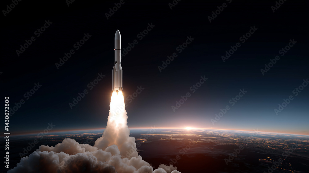Naklejka premium Powerful Rocket Launching into Space with Earth and Sunset View