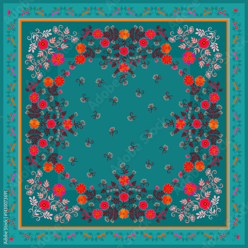 Beautiful floral print for a square scarf or carpet. Flowers, branches, leaves and berries on an emerald background. Ornamental frame.