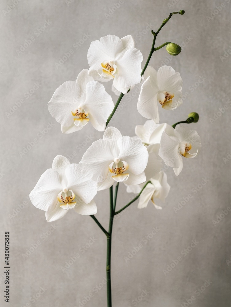 Obraz premium Close-up of a blooming orchid in a modern minimalist style against a textured gray background
