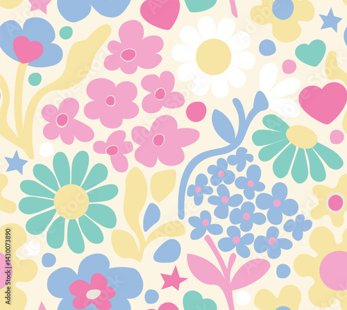 Wallpaper Mural Whimsical flower-filled design with a retro-kawaii aesthetic, rendered in pastel pinks, blues, yellows, and greens Torontodigital.ca