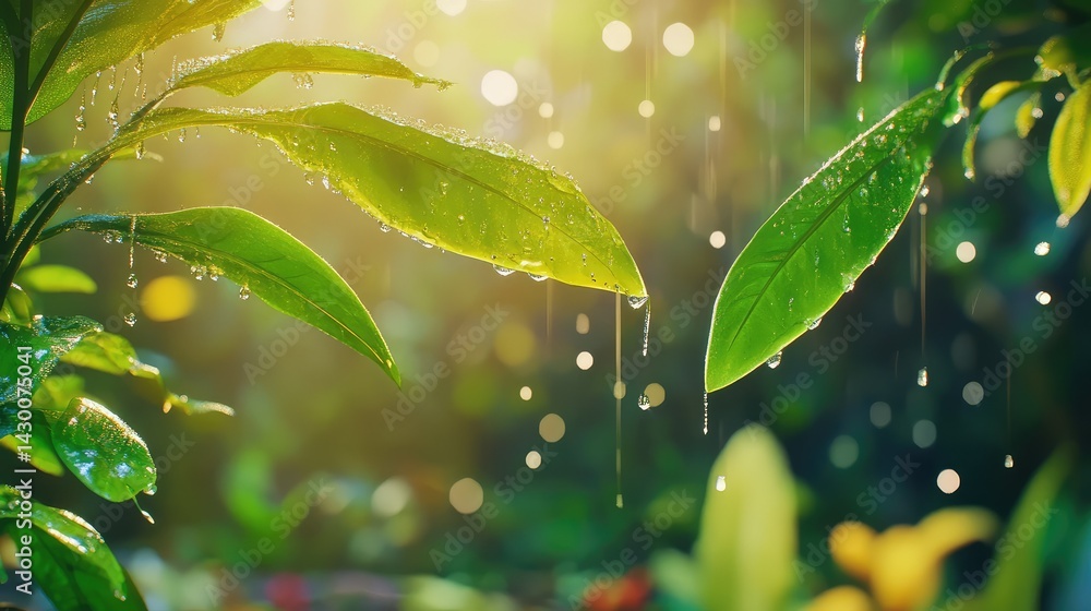 Wet tropical leaves under soft rain, glowing against a dim jungle backdrop Wet tropical leaves under soft rain, glowing against a dim jungle backdrop