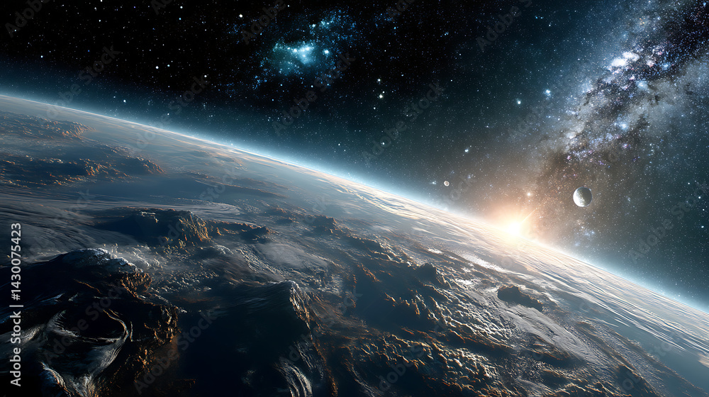 Stunning view of Earth from space at sunrise, showcasing clouds and distant celestial bodies Stunning view of Earth from space at sunrise, showcasing clouds and distant celestial bodies