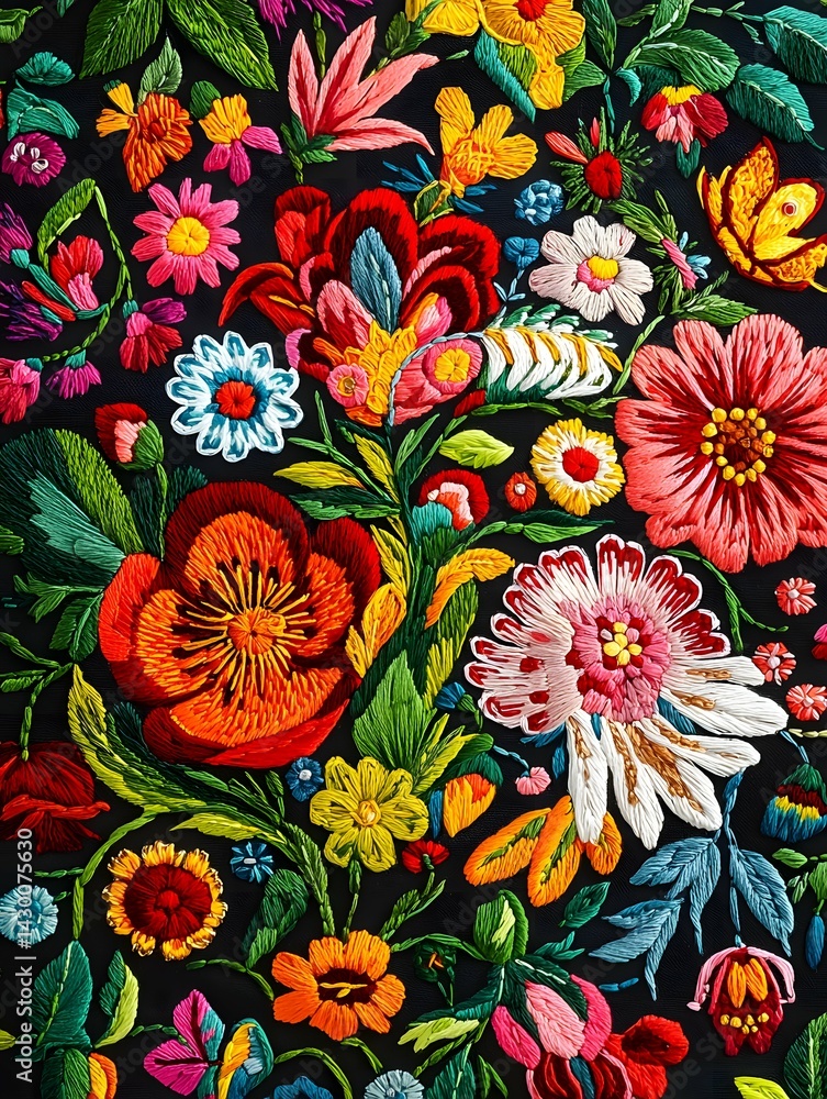 This stunning close-up of Ukrainian floral embroidery reveals elaborate patterns and vibrant colors on fabric, beautifully emphasizing the