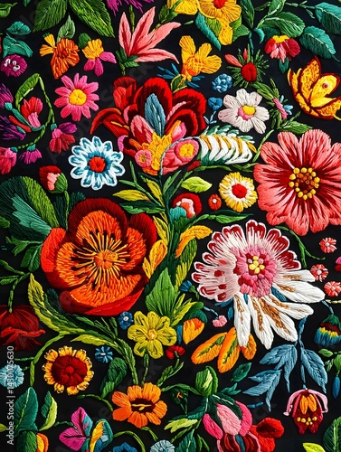 This stunning close-up of Ukrainian floral embroidery reveals elaborate patterns and vibrant colors on fabric, beautifully emphasizing the