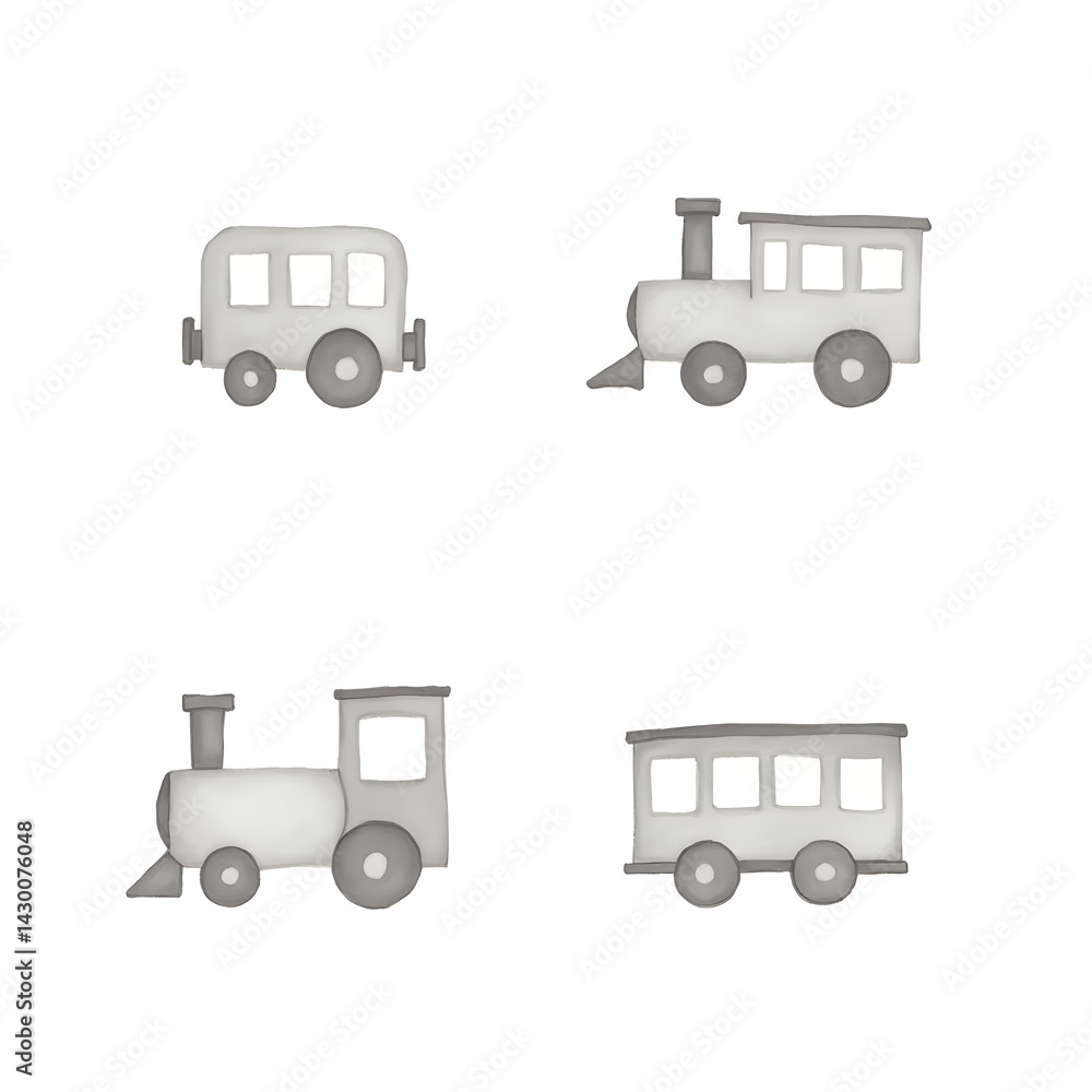Naklejka premium Set of Locomotive Train Icon Fast Transporation Logistic Railway Infrastructure Freight Passenger Cargo Delivery Vehicle Watercolor Illustration 
