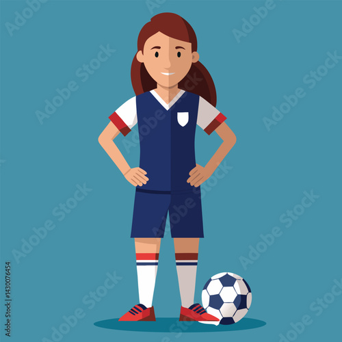 Soccer women, female football player with ball, isolated vector , high contrast illustration, front view 