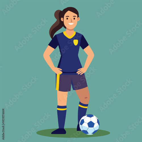 Soccer women, female football player with ball, isolated vector , high contrast illustration, front view 