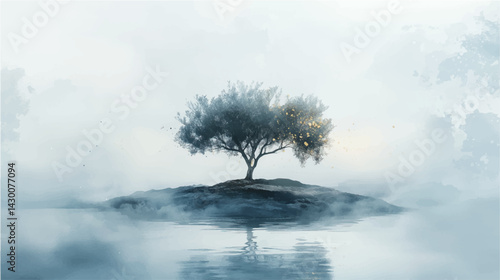 Vector illustration. Abstract olive tree on island, watercolor