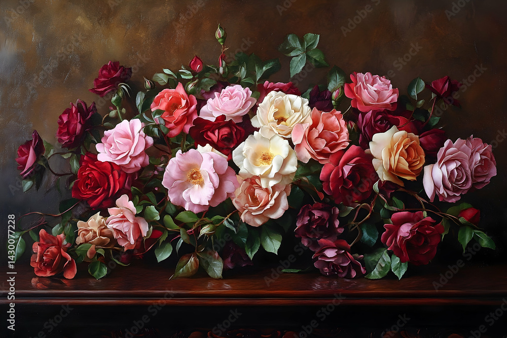 Obraz premium Vibrant floral still life showcasing a profusion of roses in various hues.