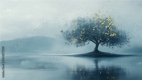 Vector illustration. Abstract olive tree on island, watercolor