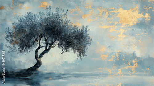 Vector illustration. Abstract olive tree on island, watercolor