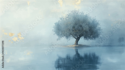 Vector illustration. Abstract olive tree on island, watercolor