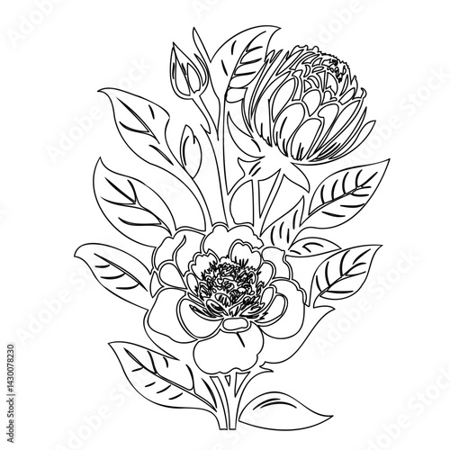 Elegant floral line art composition exhibiting botanical grace and harmonic arrangement