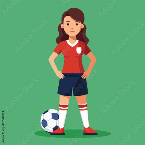 Soccer women, female football player with ball, isolated vector , high contrast illustration, front view 