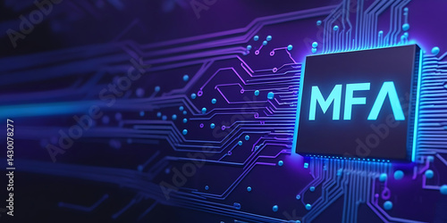 MFA – Multi-Factor Authentication Chip on a Futuristic Blue Circuit Board, cloud computing concept, cloud technology, Saas, Paas, Iaas. AWS Service, OTP security, secure login	