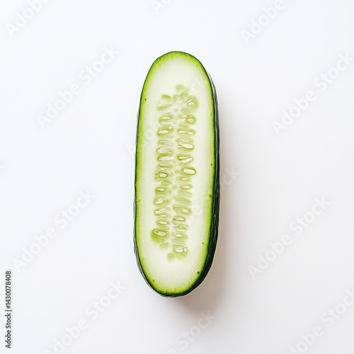 Half-Cut Cucumber Displays Pale Green Flesh and Seeds on White Background, Healthy Raw Food Ingredient Close-Up