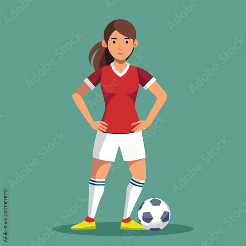 Soccer women, female football player with ball, isolated vector , high contrast illustration, front view 