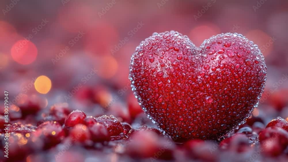 Crimson Heart: A close-up shot of a heart-shaped cranberry glistens with dew, nestled within a bed of scattered ruby-red pomegranate seeds. The scene captures the essence of love, passion. Crimson Heart: A close-up shot of a heart-shaped cranberry glistens with dew, nestled within a bed of scattered ruby-red pomegranate seeds. The scene captures the essence of love, passion.