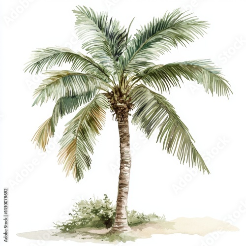 Tropical palm tree illustration, isolated on white background, depicts a lush, vibrant tropical landscape