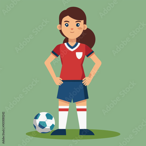 Soccer women, female football player with ball, isolated vector , high contrast illustration, front view 