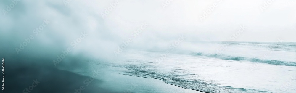 Soft pastel mint and gray mist gently dissolving on a sandy beach with gentle ocean waves rolling in under a pale overcast sky