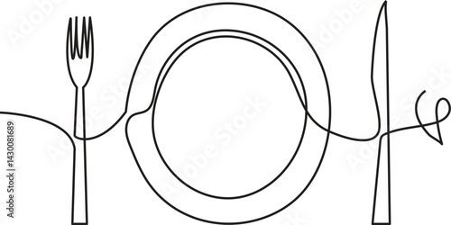 single line art fork, knife, and  plate. Continuous one line drawing cutlery  Hand drawn dishware  