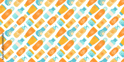 Seamless pattern of colorful sunscreen bottles with SPF labels. Ideal for summer, beach, or skincare designs