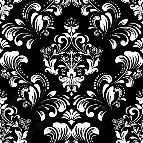 Wallpaper in the style of Baroque. White and black floral ornament. Seamless vector background. Graphic pattern for fabric, wallpaper, packaging. Ornate Damask flower illustration.
