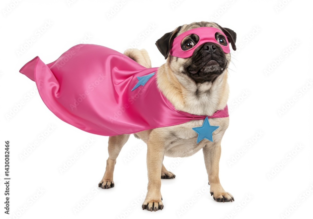 Obraz premium A pug wearing a pink superhero cape and mask with blue stars on a white background looking up proudly