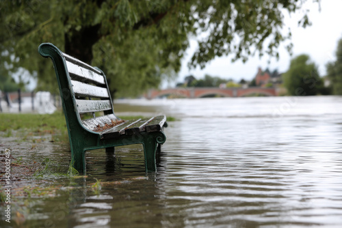 A park bench is overwhelmed by river flood water after record breaking rainfall