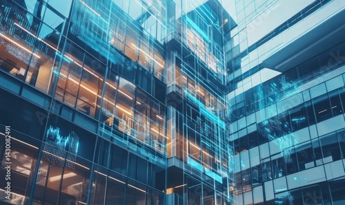 Modern glass office building with futuristic digital overlay.
