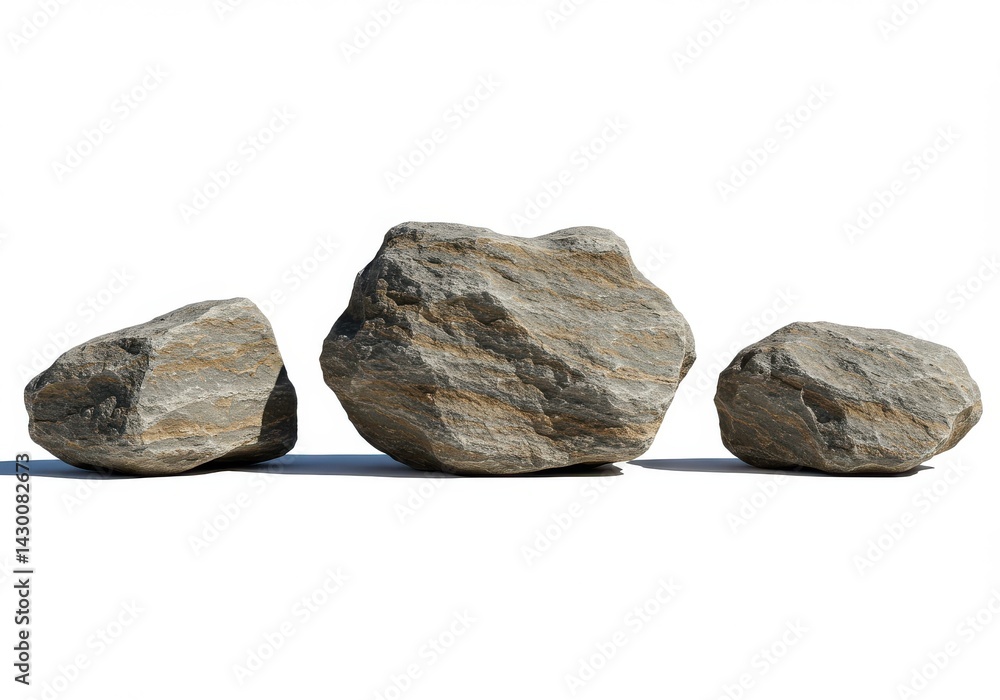 Three rocks of varying sizes and shapes isolated on a white background casting soft shadows below them Three rocks of varying sizes and shapes isolated on a white background casting soft shadows below them