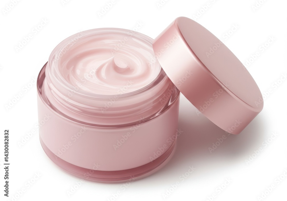 Close up of a pink cream in a glass jar with the lid off on a white background perfectly centered Close up of a pink cream in a glass jar with the lid off on a white background perfectly centered