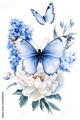 Beautiful blue butterflies are flying among flowers and green leaves
