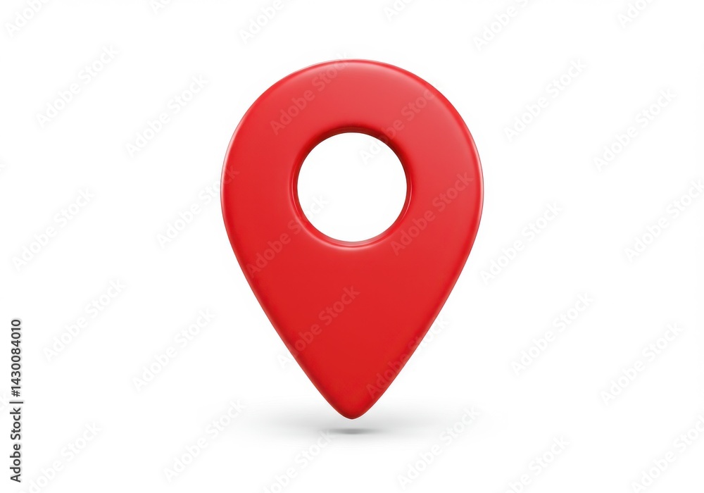A single red location pin with a circular cutout isolated on a plain white background with slight shadow A single red location pin with a circular cutout isolated on a plain white background with slight shadow