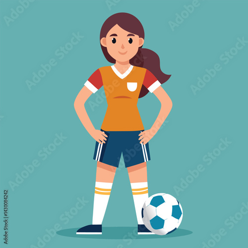 Soccer women, female football player with ball, isolated vector , high contrast illustration, front view 