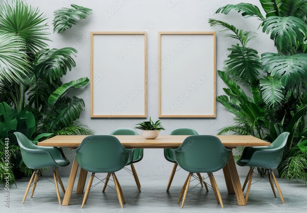 Fototapeta premium The modern dining room is characterized by its simple yet elegant design, incorporating poster frames, olive green chairs, and a table, all set against a neutral color scheme that creates a calming