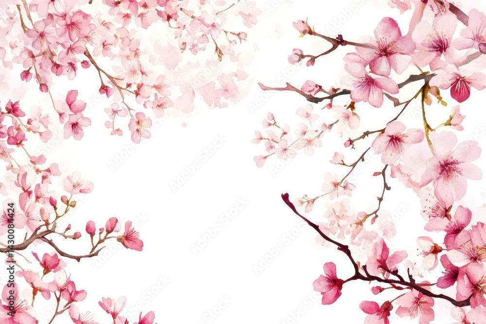 Beautiful Watercolor Painting of Blooming Pink Cherry Blossom Branches Beautiful Watercolor Painting of Blooming Pink Cherry Blossom Branches