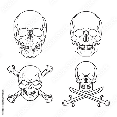 simple human skull in black and white line art vector illustration