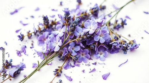 Delicate purple flowers scattered gracefully on white.