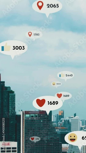 Social media icons fly over city downtown showing people reciprocity connection through social network application platform . Concept for online community and social media marketing strategy .