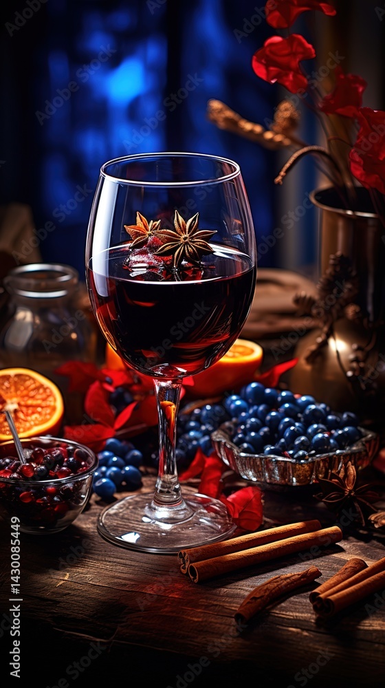 Festive red wine still life with spices and berries on rustic table Festive red wine still life with spices and berries on rustic table